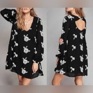 Free People Emma Austin Tunic Mini Dress Black White Embroidered Florals M